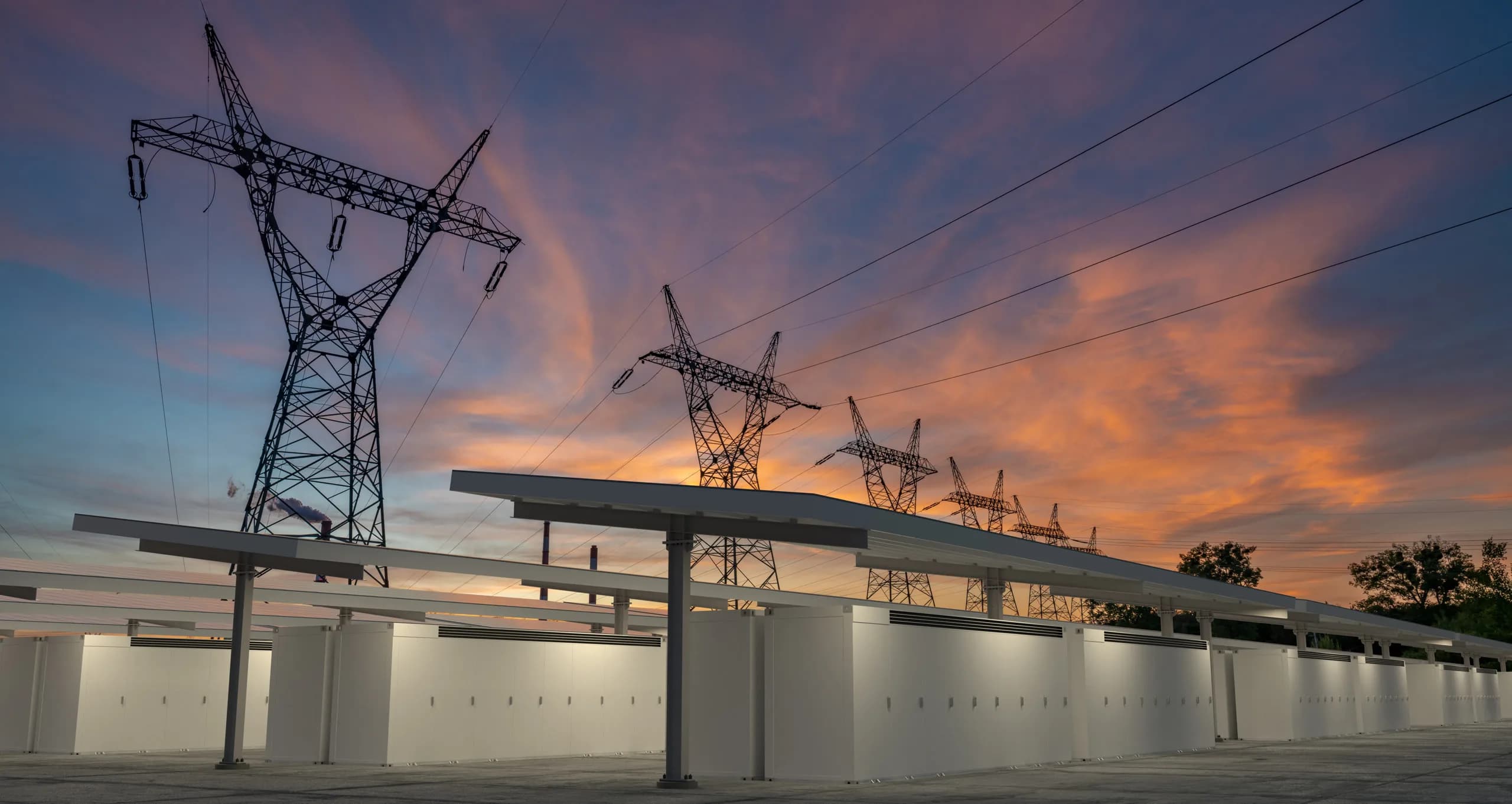 Battery energy storage systems against evening sky